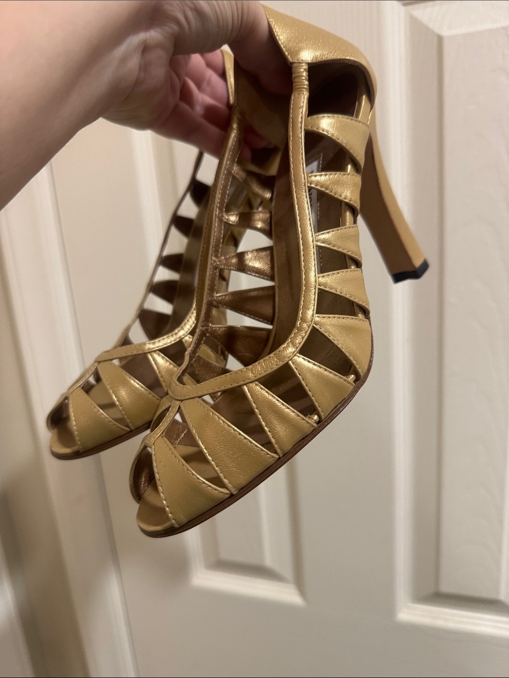 Manolo Blahnik Metallic Gold Cutout Peep-Toe Pumps/Size US 7/3.5” Heels/NWOT!!!!